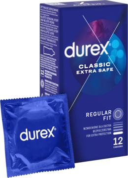 Niebieskie opakowanie Durex Classic Extra Safe, 12 wzmocnionych prezerwatyw i jedna na pierwszym planie.
