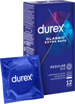 Niebieskie opakowanie Durex Classic Extra Safe, 12 wzmocnionych prezerwatyw i jedna na pierwszym planie.
