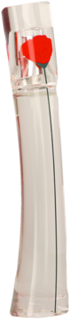 Kenzo Flower by Kenzo woda perfumowana. Smukły, przezroczysty flakon z białym korkiem i czerwoną makową dekoracją, lekko przechylony.