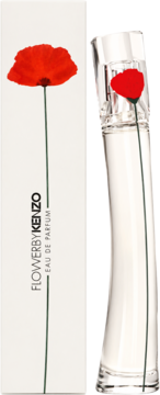 Kenzo Flower by Kenzo woda perfumowana. Białe pudełko i szklana butelka, obie z czerwonym makiem i zieloną łodygą.