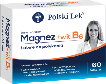Polski Lek Magnez + wit. B6, suplement diety, białe pudełko z niebieskimi akcentami, kobietą i 60 tabletkami. Widok z przodu.