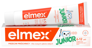 elmex Junior pasta do zębów dla dzieci 6-12 lat, tubka i pudełko na białym tle, widok z przodu.