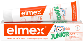 Biała tubka pasty Elmex Junior 6-12 lat na tle opakowania, do ochrony nowych zębów stałych przed próchnicą.