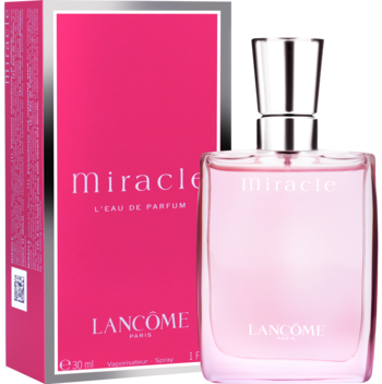 Lancome Miracle L'Eau de Parfum 30ml: różowa butelka z srebrną zakrętką, obok pasujące pudełko.