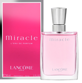 Perfumy Lancome Miracle 30 ml L'Eau de Parfum w różowym flakonie i pudełku, widok z przodu.