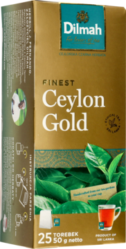 Złoto-brązowe opakowanie herbaty Dilmah Ceylon Gold 50g, widok z przodu, z grafiką liści herbaty i filiżanki.
