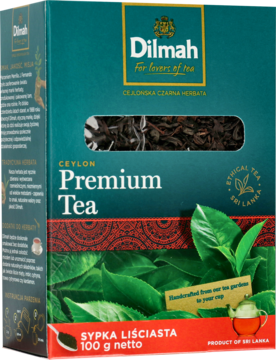 Dilmah Premium Tea Ceylon, zielono-czerwone pudełko, widok z przodu, sypkie liście widoczne przez okno.