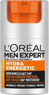 L'Oréal Men Expert Hydra Energetic 24H krem, szara butelka z pomarańczowym dozownikiem, widok z przodu.