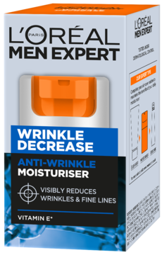 L'Oréal Men Expert Wrinkle Decrease Anti-Wrinkle Moisturiser w biało-niebieskim pudełku, widok pod lekkim kątem.