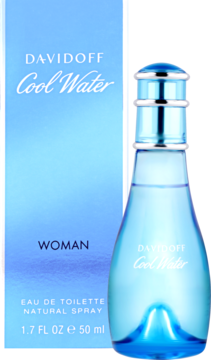Davidoff Cool Water Woman woda toaletowa 50ml, niebieska butelka i gradientowe opakowanie, widok z przodu.