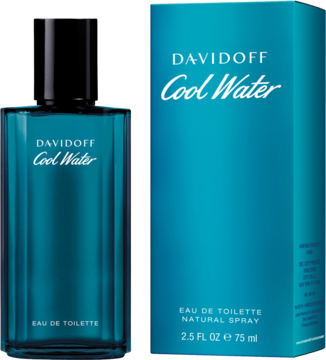 Davidoff Cool Water Eau de Toilette 75ml, niebieska szklana butelka obok pasującego opakowania, widok z przodu.
