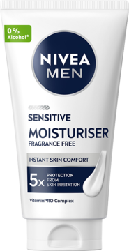NIVEA MEN Sensitive Moisturiser, biała tubka 0% Alcohol, bezzapachowy, ochrona przed podrażnieniami, widok z przodu.