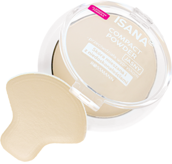 Isana Compact Powder JASNY, otwarte, przezroczyste opakowanie z beżowym pudrem i gąbeczką, matujący, antybakteryjny.