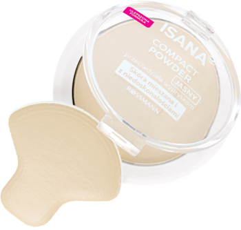Isana Compact Powder JASNY, otwarte, przezroczyste opakowanie z beżowym pudrem i gąbeczką, matujący, antybakteryjny.