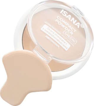 Jasnobeżowy puder kompaktowy ISANA SREDNI antybakteryjny z gąbeczką. Matuje, kryje niedoskonałości. Widok z góry.