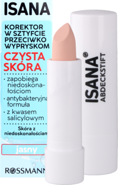 Korektor w sztyfcie Isana Czysta Skóra, jasny odcień, otwarty, widoczny beżowy sztyft i część białego opakowania.