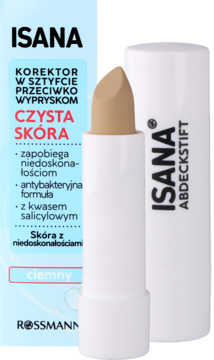 Isana korektor w sztyfcie, odcień ciemny, przeciw wypryskom z kwasem salicylowym, widok z przodu.