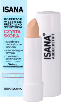Isana korektor matujący w sztyfcie średni, antybakteryjny, białe opakowanie z beżowym sztyftem.
