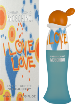 Moschino I Love Love, woda toaletowa 30ml. Pudełko z kolorowym wzorem i niebieska butelka, pomarańczowa nakrętka.
