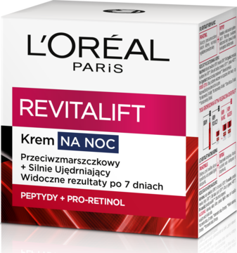 L'Oréal Paris Revitalift krem na noc przeciwzmarszczkowy, białe pudełko z czerwoną opaską, pod kątem.