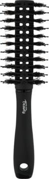 Czarna średnia okrągła szczotka do modelowania włosów, z gęstym włosiem i teksturowaną rączką.
