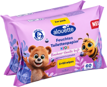 Dwa fioletowe opakowania wilgotnych chusteczek Alouette Kids, borówkowo-waniliowe, z wizerunkami misia i pszczółki.
