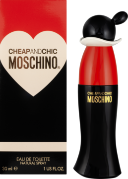 Moschino Cheap & Chic EDT. Czerwono-czarna butelka w kształcie postaci obok kartonika z sercem. Widok z przodu.