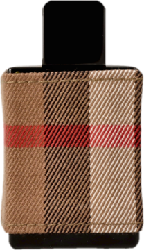 Burberry London for Men EDT, flakon w beżową kratę Burberry z czerwonymi pasami i czarną nakrętką, widok z przodu.
