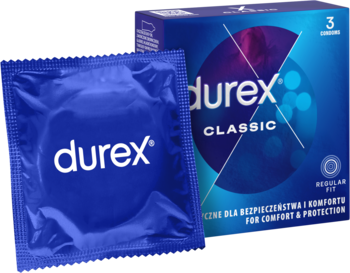 Durex Classic prezerwatywy w niebieskim pudełku (3 szt.) oraz pojedyncza niebieska prezerwatywa, widok z przodu.