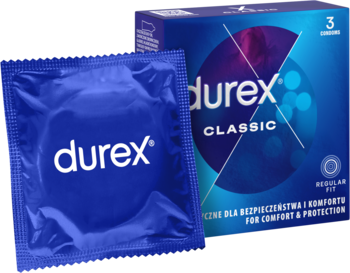 Durex Classic prezerwatywy w niebieskim pudełku (3 szt.) oraz pojedyncza niebieska prezerwatywa, widok z przodu.