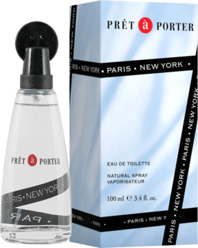 Prêt à Porter woda toaletowa, flakon z czarną nakrętką obok jasnoniebieskiego pudełka 100ml.