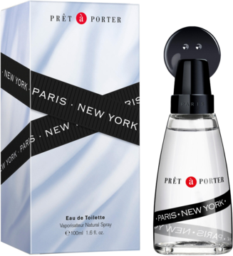 Pret-a-Porter woda toaletowa damska 100ml. Przezroczysta butelka i białe pudełko z napisem 'PARIS - NEW YORK'.