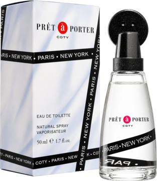 Damska woda toaletowa Pret-a-Porter Coty 50ml, elegancka, w białym pudełku i przezroczystej butelce, widok z przodu.