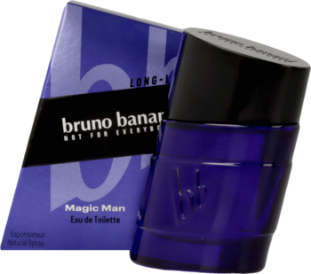 Męska woda toaletowa Bruno Banani Magic Man w granatowej butelce z czarną nakrętką, z tyłu pasujące pudełko.