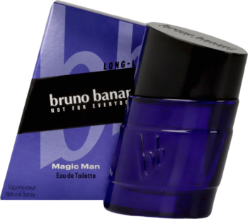 Męska woda toaletowa Bruno Banani Magic Man w granatowej butelce z czarną nakrętką, z tyłu pasujące pudełko.