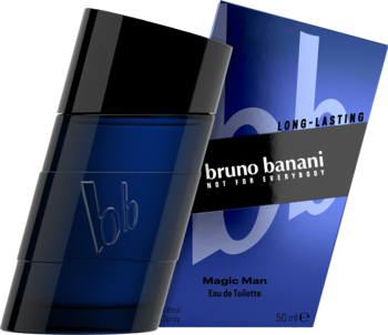 Ciemnoniebieska, smukła butelka męskiej wody toaletowej Bruno Banani Magic Man z logo "bb" obok pudełka.