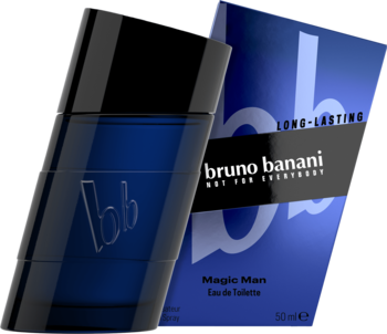 Ciemnoniebieska, smukła butelka męskiej wody toaletowej Bruno Banani Magic Man z logo "bb" obok pudełka.