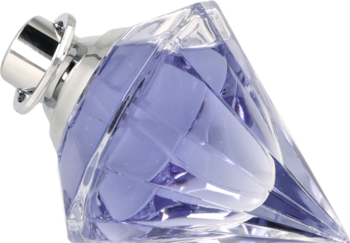 Chopard Wish perfumy, fioletowy płyn w przezroczystej, fasetowanej butelce z srebrną nakrętką, leżącej na boku.