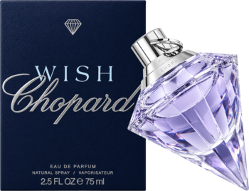 Chopard Wish orientalna woda perfumowana 75ml. Granatowe pudełko z logo i fasetowany, fioletowy flakon w kształcie diamentu.