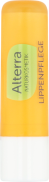 Alterra Naturkosmetik pomadka do ust, regenerująca, w pomarańczowym sztyfcie z zieloną etykietą, widok z przodu.
