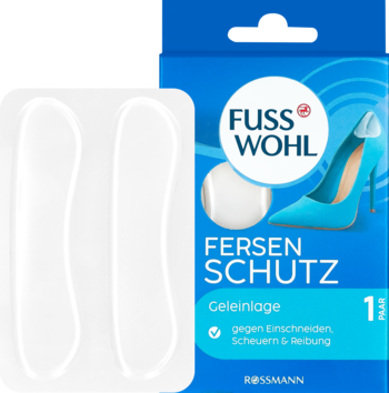 Fusswohl żelowe wkładki na pięty. Przezroczyste, widoczne w opakowaniu obok niebieskiego kartonika FERSEN SCHUTZ.