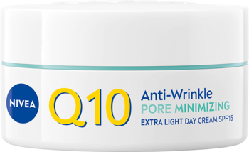 Krem Nivea Q10 Anti-Wrinkle Pore Minimizing Extra Light Day Cream SPF15, biały słoiczek, żółte Q10, przód.