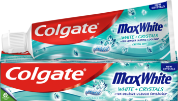 Dwie tubki pasty Colgate Max White White + Crystals w biało-zielonym opakowaniu z kryształami, widok z przodu.