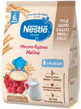 Front beżowej torebki Nestlé kaszki Mleczno-Ryżowej Malina, od 6. mies., z miską kaszki i malinami.