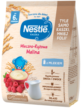 Front beżowej torebki Nestlé kaszki Mleczno-Ryżowej Malina, od 6. mies., z miską kaszki i malinami.