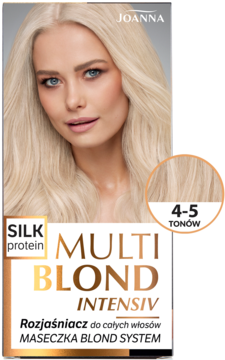 Joanna Multi Blond Intensiv rozjaśniacz do włosów, opakowanie z blondynką i próbką koloru 4-5 tonów.