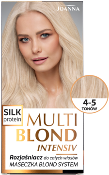 Joanna Multi Blond Intensiv rozjaśniacz do włosów, opakowanie z blondynką i próbką koloru 4-5 tonów.