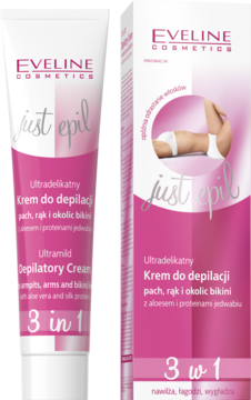 Eveline Just Epil Ultradelikatny krem do depilacji 3w1: tubka i pudełko w bieli z różem, z grafiką nóg.