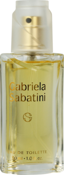 Przezroczysta butelka Gabriela Sabatini Eau de Toilette 30ml, żółty płyn, złote logo i napis, widok z przodu.