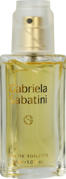 Przezroczysta butelka Gabriela Sabatini Eau de Toilette 30ml, żółty płyn, złote logo i napis, widok z przodu.